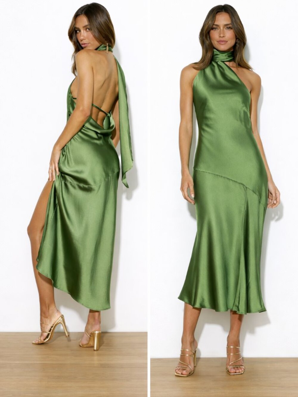 NWT Hello Molly - Athenian Satin Maxi Dress Olive - Size S